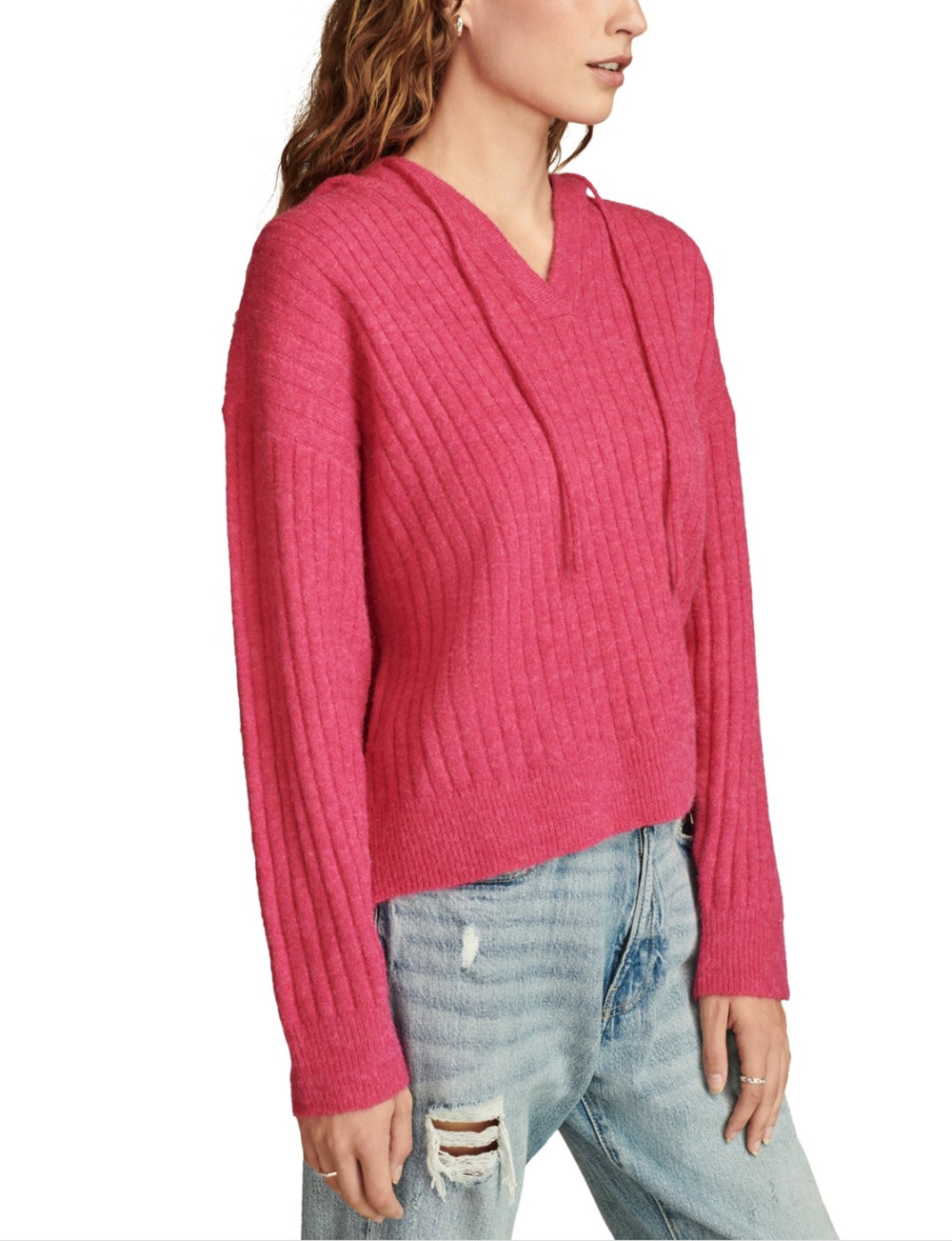Lucky Brand Women Ribbed Knit Hooded Sweater Pink Power Size S